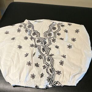 Zara White Blouse with Black Embroidery